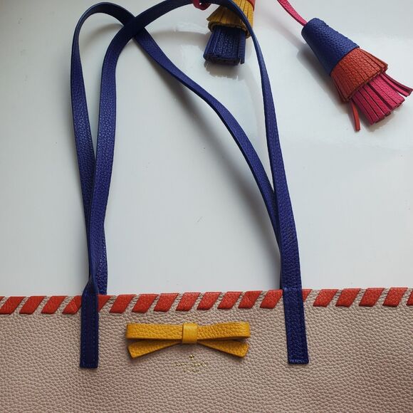 Kate Spade On Purpose Tote Tassel Pebbled Leather Beige Colorful Bag Purse Large - Picture 7 of 16